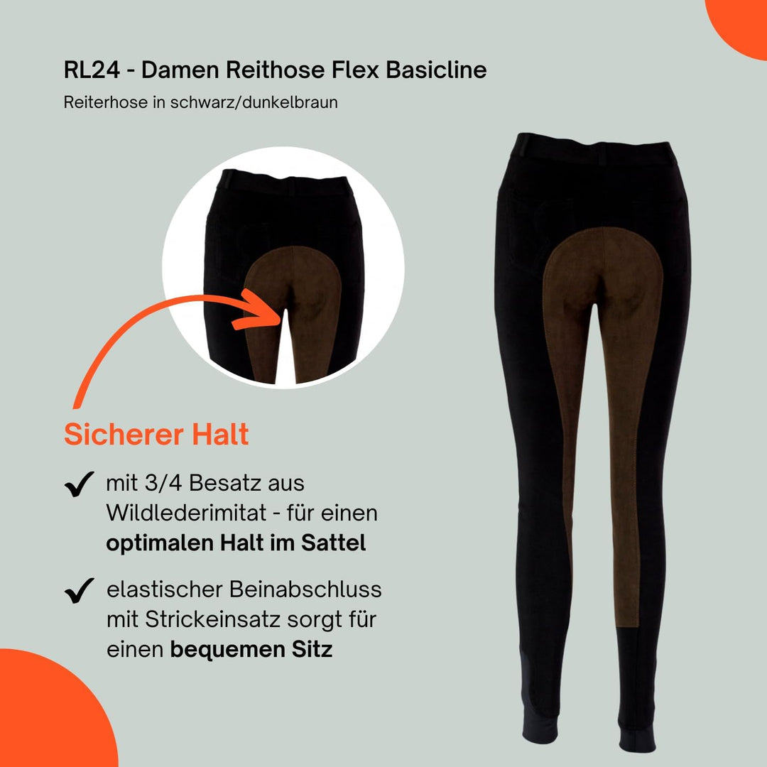 RL24 Damen Reithose Vollbesatz Flex BASICLINE 38 Schwarz/Dunkelbraun, 38 Schwarz/Dunkelbraun