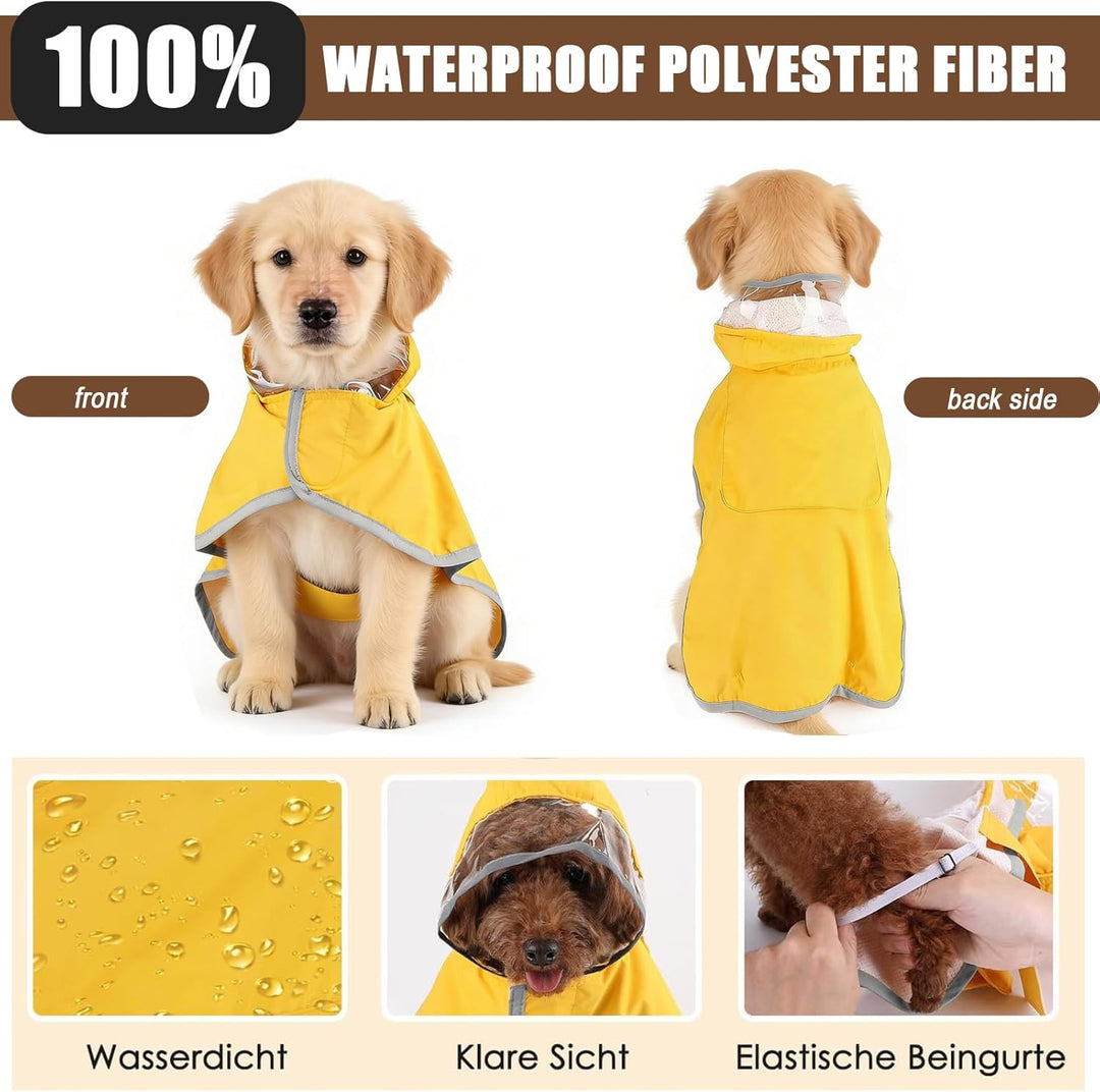 Regenmantel Hund Wasserdicht M–XL – Gelber Hunderegenmantel mit Kapuze, Reflektierende Streifen, Ver
