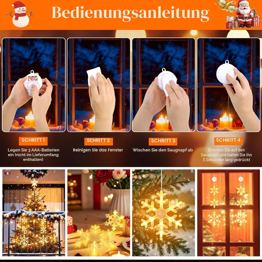Weihnachtsbeleuchtung Fenster Innen,2 Stück LED Schneeflocken Fenster Batteriebetriebene mit Saugnäp