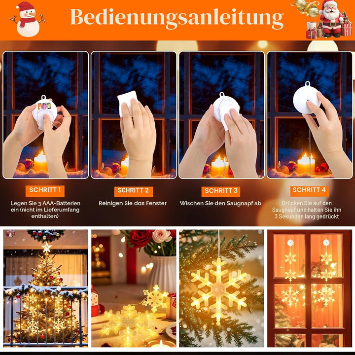 Weihnachtsbeleuchtung Fenster Innen,2 Stück LED Schneeflocken Fenster Batteriebetriebene mit Saugnäp
