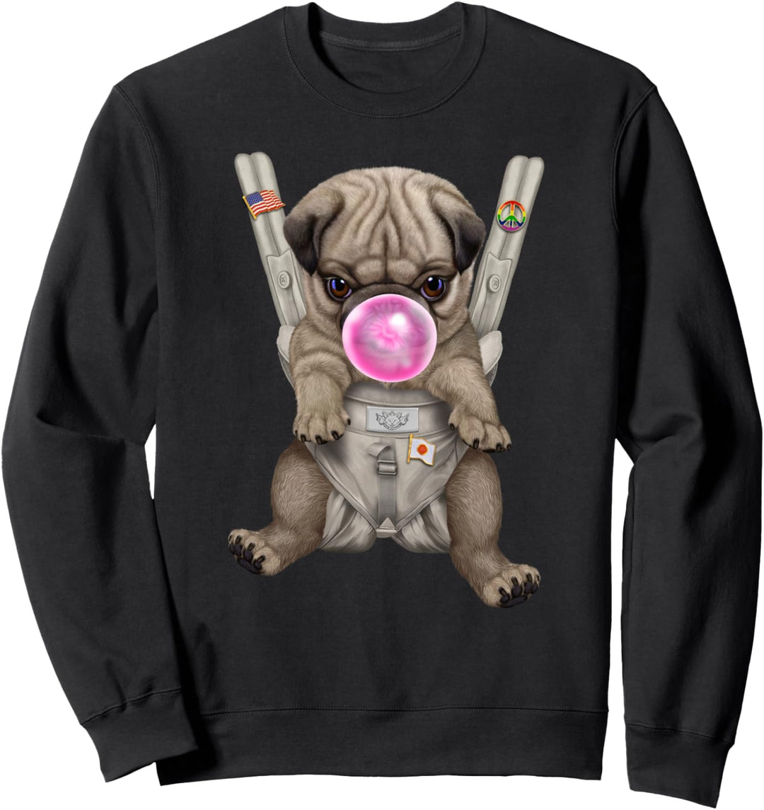 Brauner Mops mit Kaugummi in der Babytrage Sweatshirt