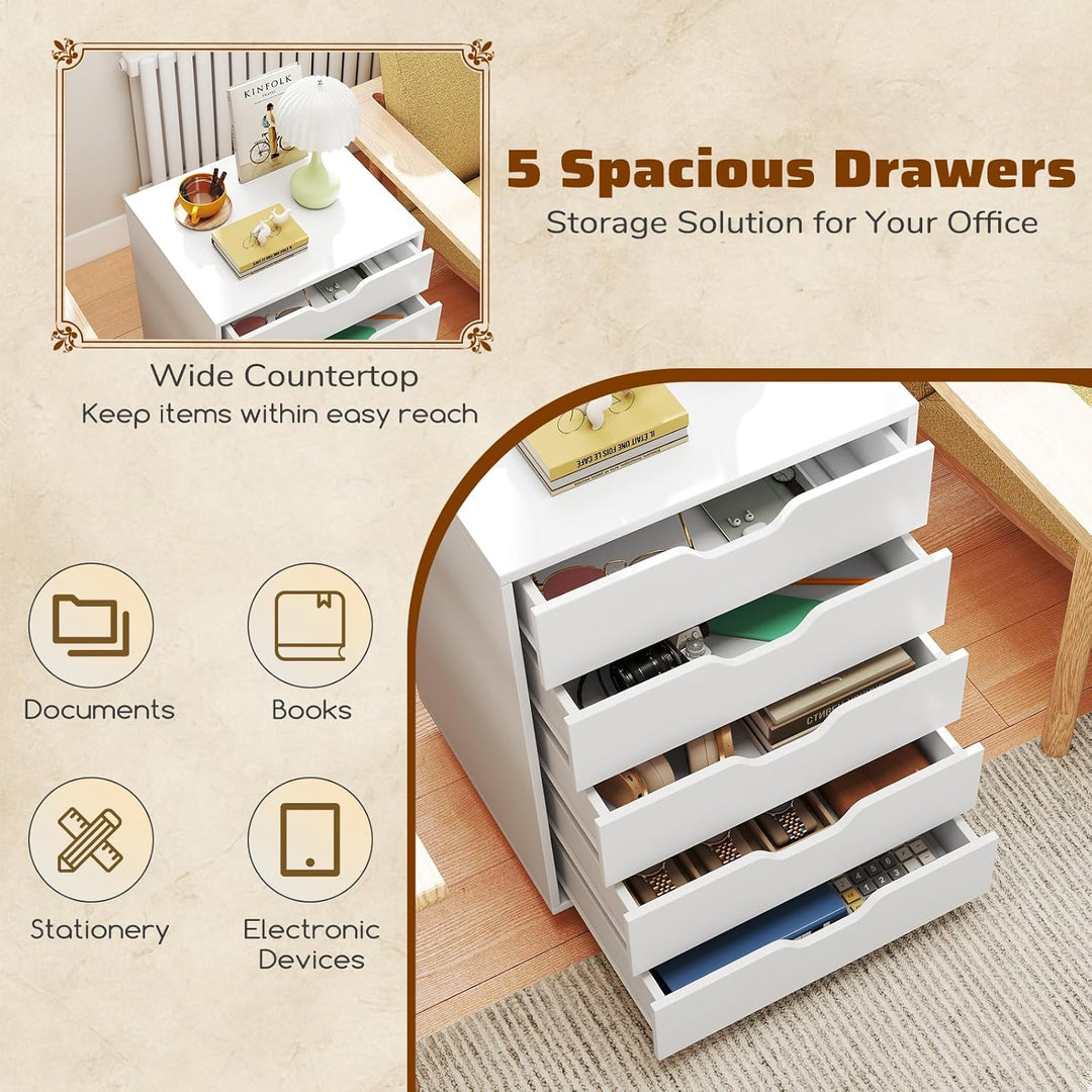 GIANTEX Rollcontainer mit 5 Schubladen, Aktenschrank mit Rollen, Schubladenschrank Holz, Druckertisc