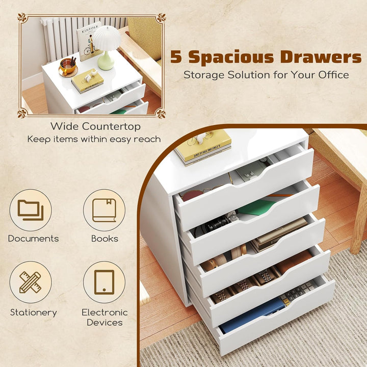 GIANTEX Rollcontainer mit 5 Schubladen, Aktenschrank mit Rollen, Schubladenschrank Holz, Druckertisc