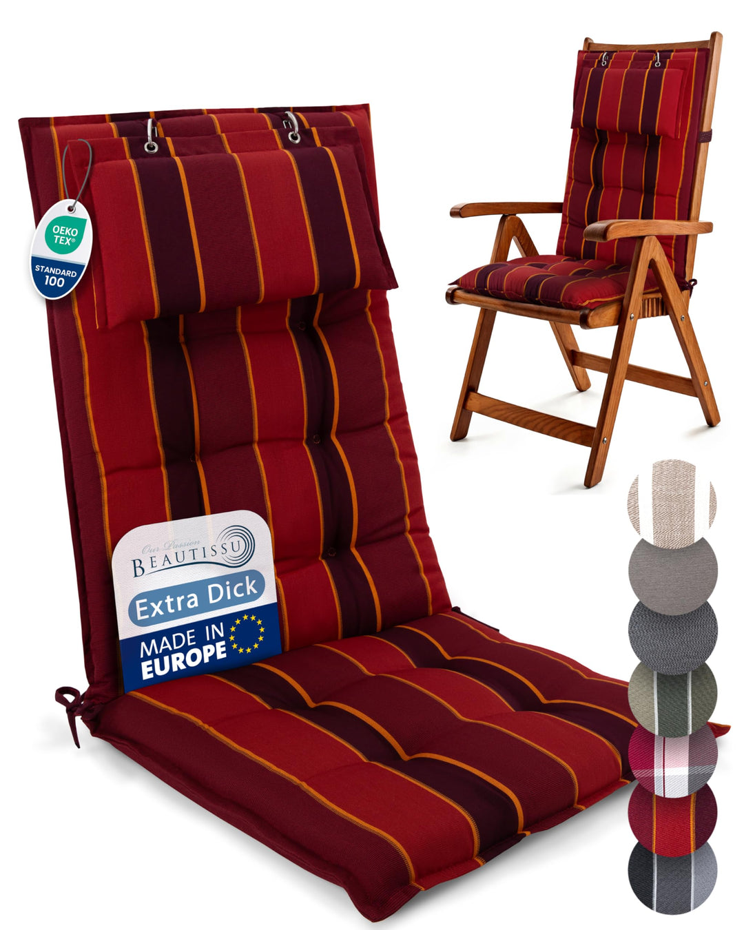 Beautissu 3er Set Premium Hochlehner Auflage Kopfpolster rutschfest robust | 120x50cm Rot gestreift