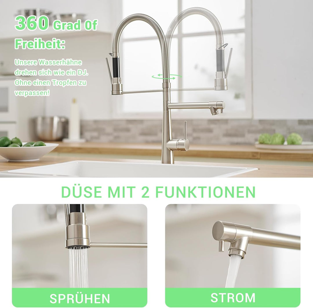 TIMACO Grosser Küchenarmatur mit Spiralfeder,22,36in, 360° Schwenkbare Spültischarmaturen mit Zwei A