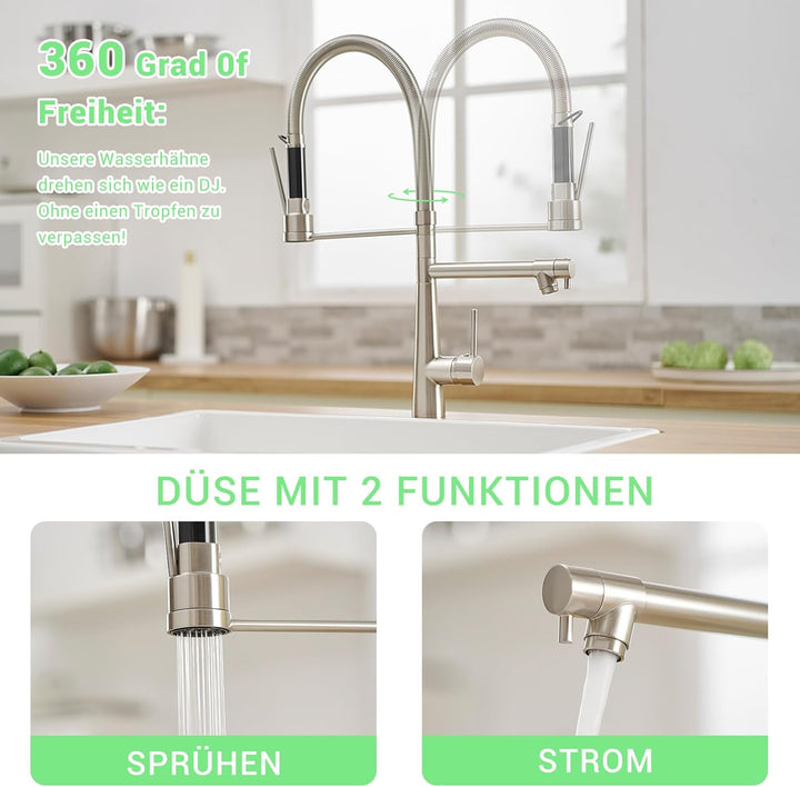 TIMACO Grosser Küchenarmatur mit Spiralfeder,22,36in, 360° Schwenkbare Spültischarmaturen mit Zwei A