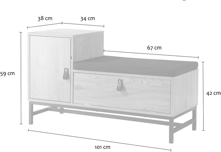 CALICOSY - Schuhbank - Eichenoptik - Spanplatten - Metallgestell - Griffe in Lederoptik - Polyesterg