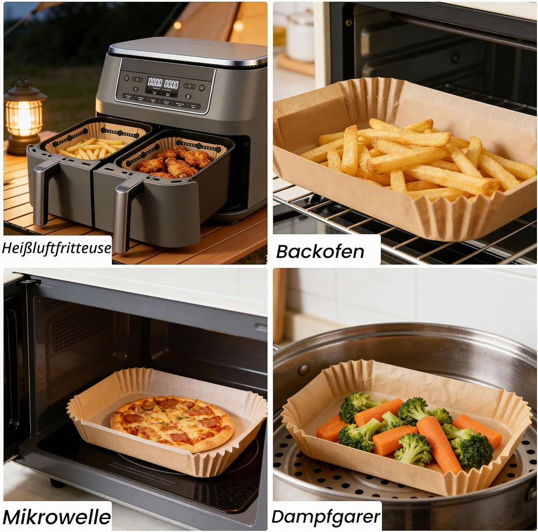 100 Stück Airfryer Backpapier+ 4 Stück Airfryer Silikon Magnete, THAKOI Heissluftfritteuse Zubehör N