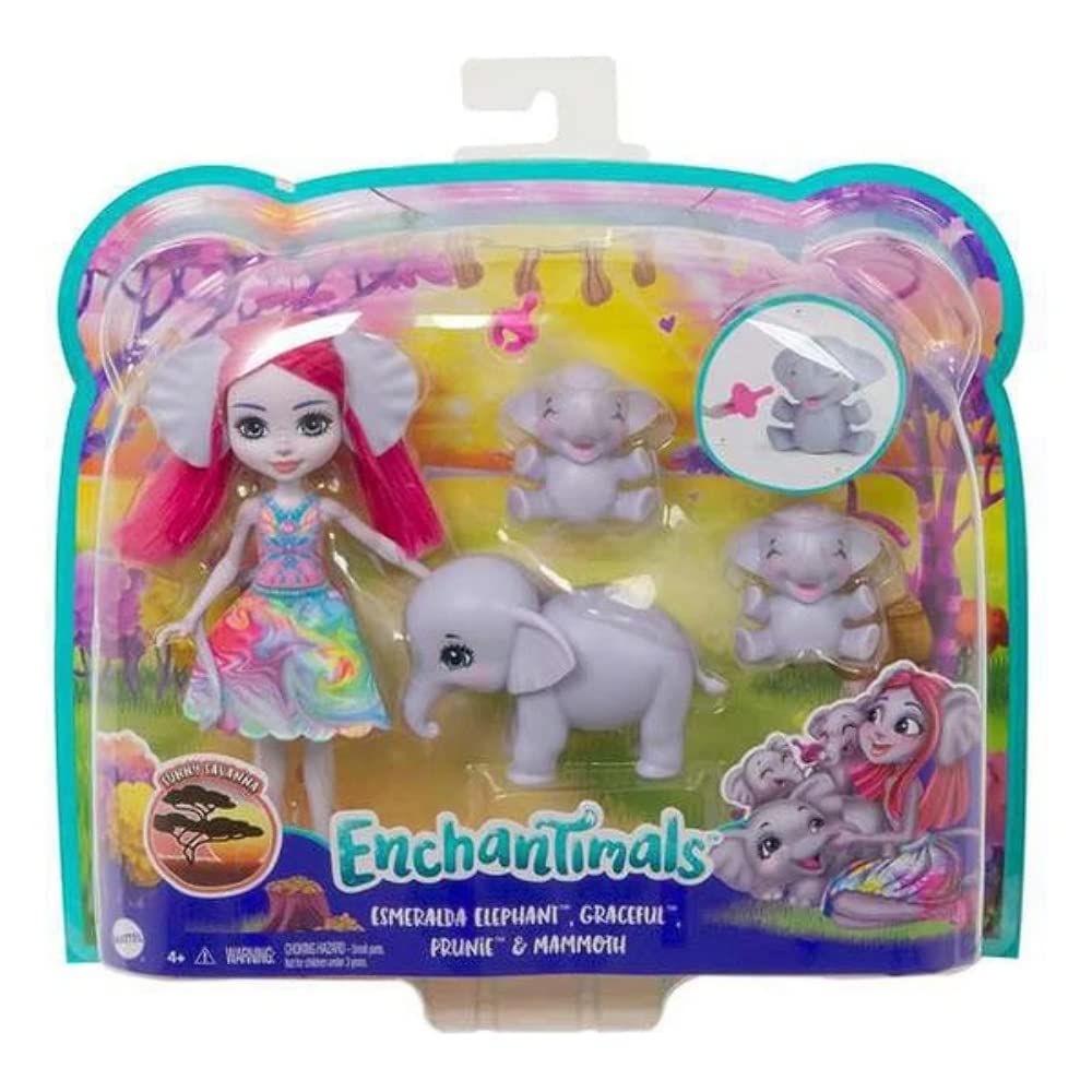 Enchantimals GTM30 - Familie Spielset, Elefantenmädchen Esmeralda Elephant Puppe (15,2 cm), 3 Elefan