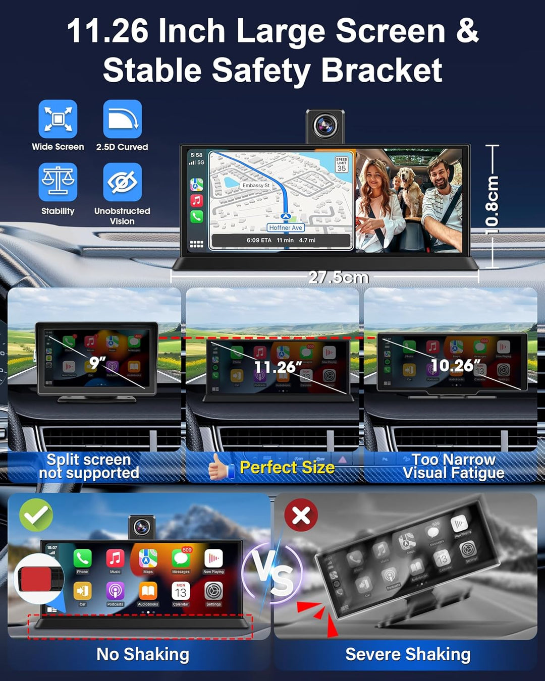 11,26 Zoll Carplay Display 4K Carplay Android Auto Display mit 350° Frontkamera 64G SD Karte Auto Di