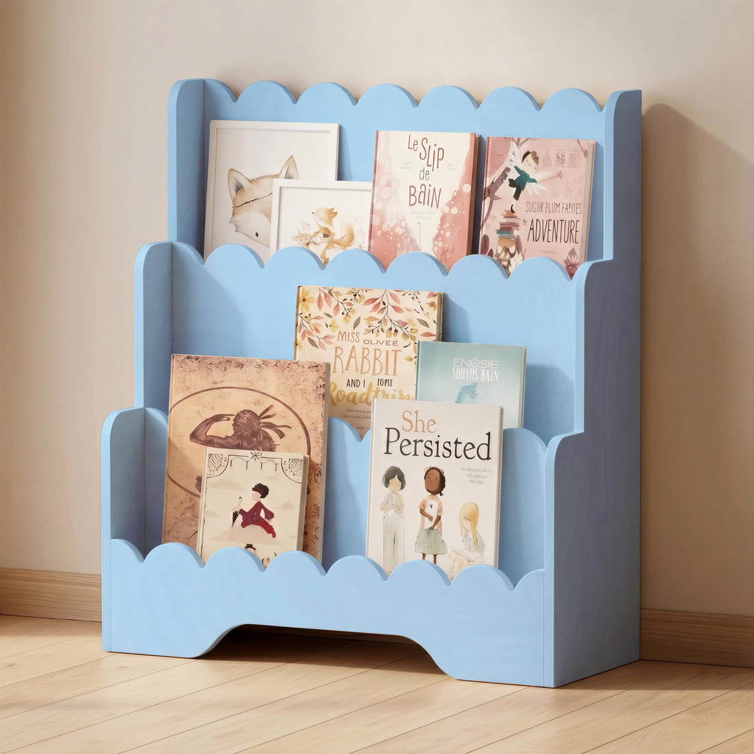 smartwood Montessori Bücherregal Kinder, FSC-Kiefernholz, Blau, LULU | 3-stufig, 64x31,5x71 cm, Einf
