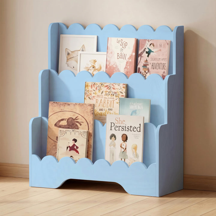 smartwood Montessori Bücherregal Kinder, FSC-Kiefernholz, Blau, LULU | 3-stufig, 64x31,5x71 cm, Einf