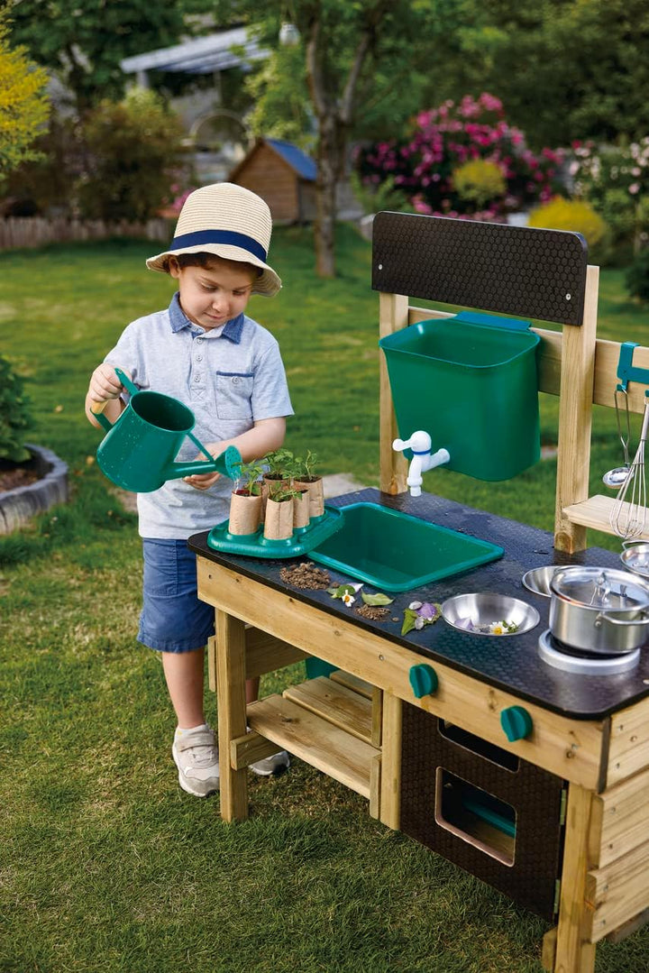 Hape Nature Fun Outdoor Spielküche - mit viel Zubehör aus Holz und pflanzlichem Kunststoff, Matschkü