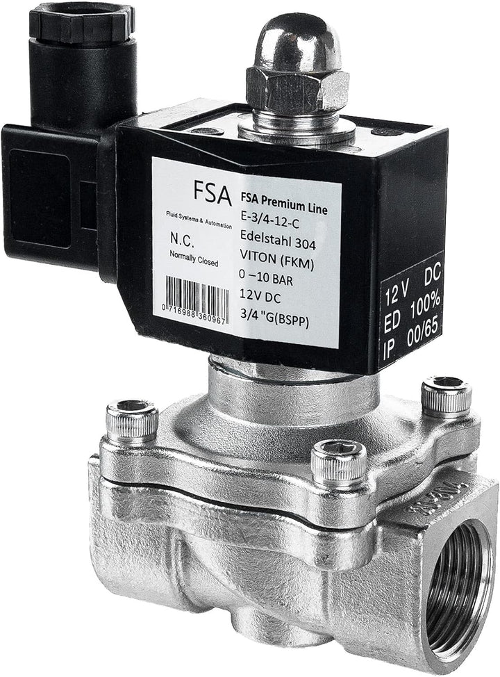 FSA Magnetventil Edelstahl 304 3/4" 12V DC 0-10 bar Viton stromlos geschlossen, 3/4" 12v Dc