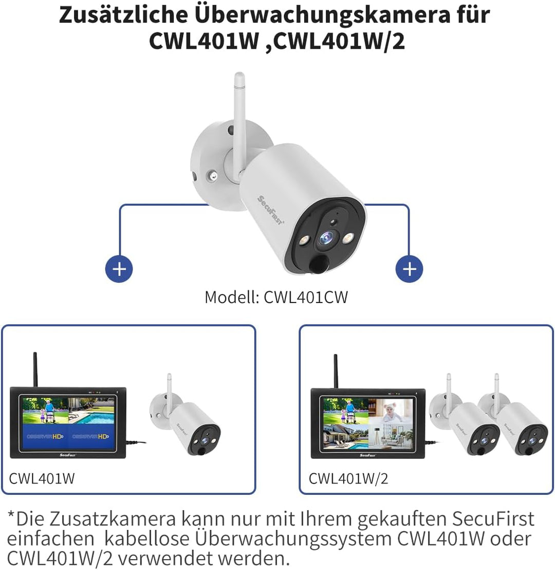 SecuFirst 2K Zusatzkamera für Überwachungskameras Aussen Set (CWL401W,CWL401W/2),Arbeiten Sie nur mi