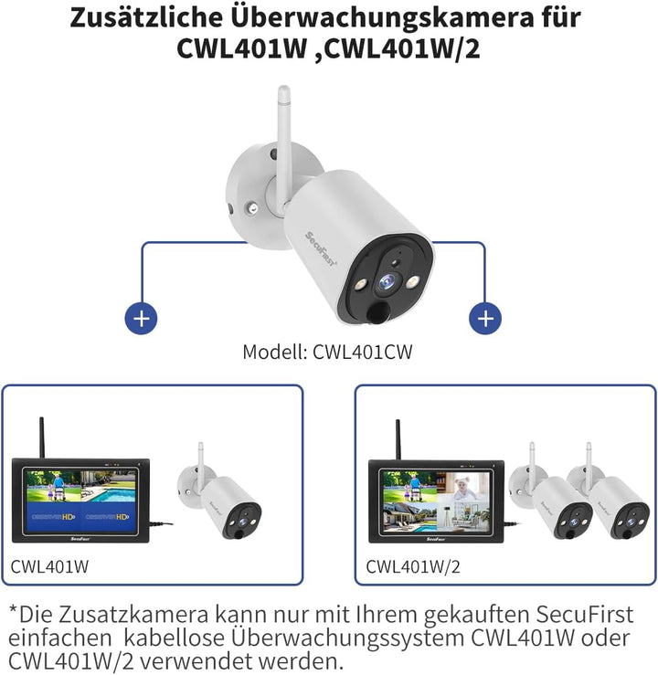 SecuFirst 2K Zusatzkamera für Überwachungskameras Aussen Set (CWL401W,CWL401W/2),Arbeiten Sie nur mi