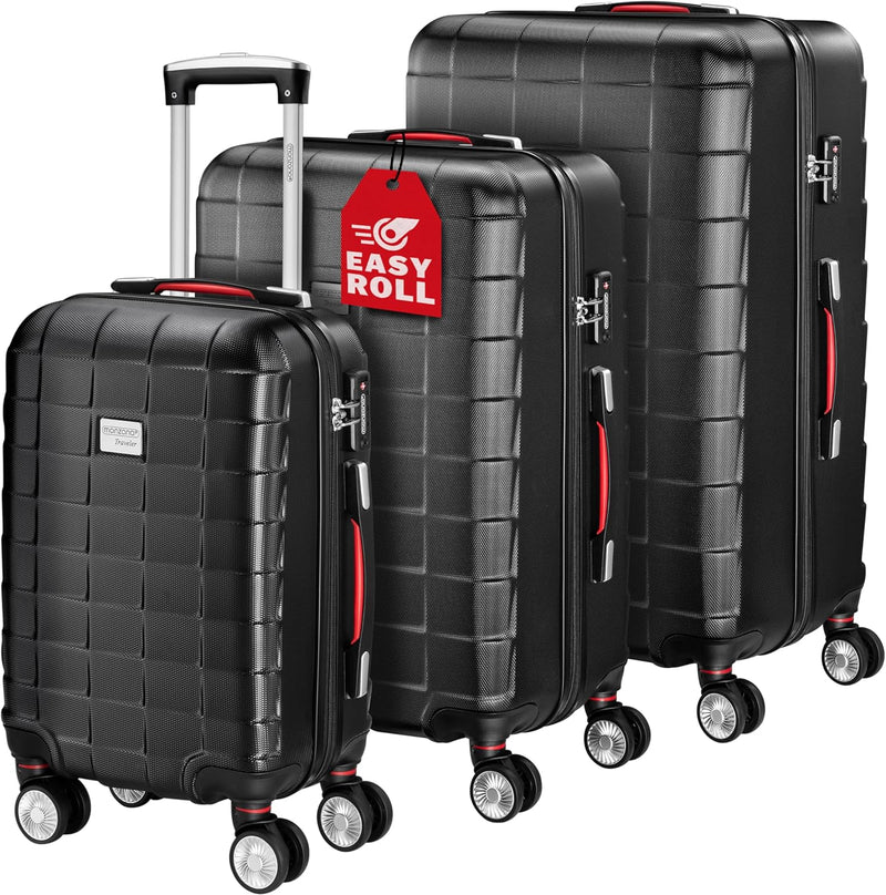 Monzana Exopack 3er Set Koffer | Schwarz M, L, XL | TSA Schloss, Gel-Griff | Reisekoffer Rollkoffer