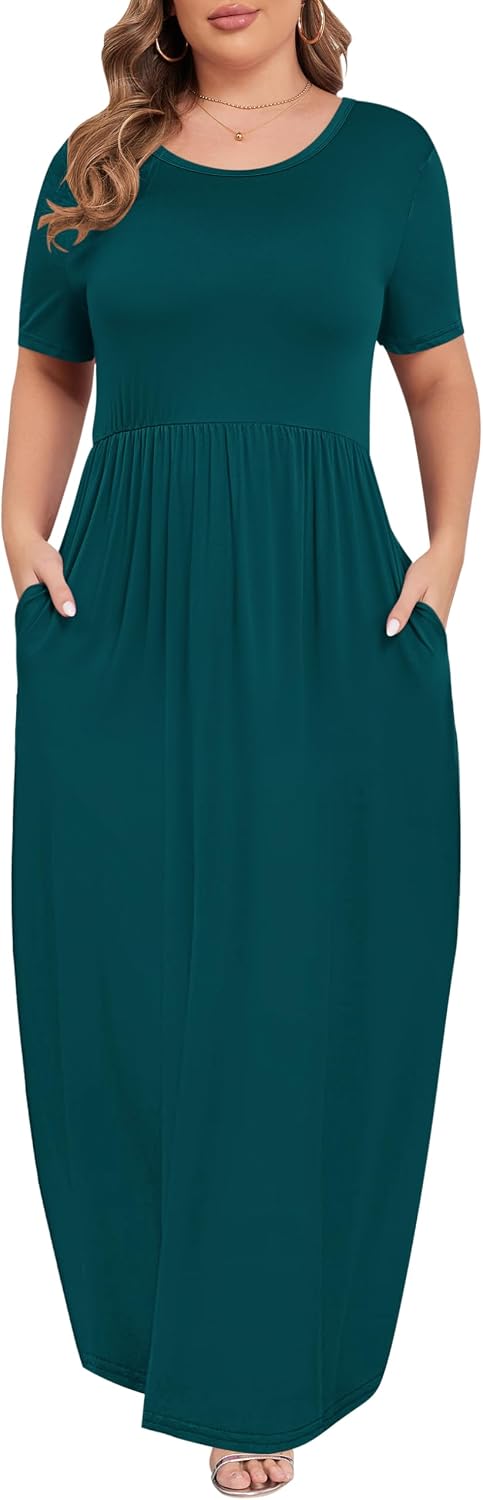 KARALIN Damen Plus Size Kurzarm Lose Einfarbig Casual Lange Maxi Kleider mit Taschen 001 Dunkelgrün