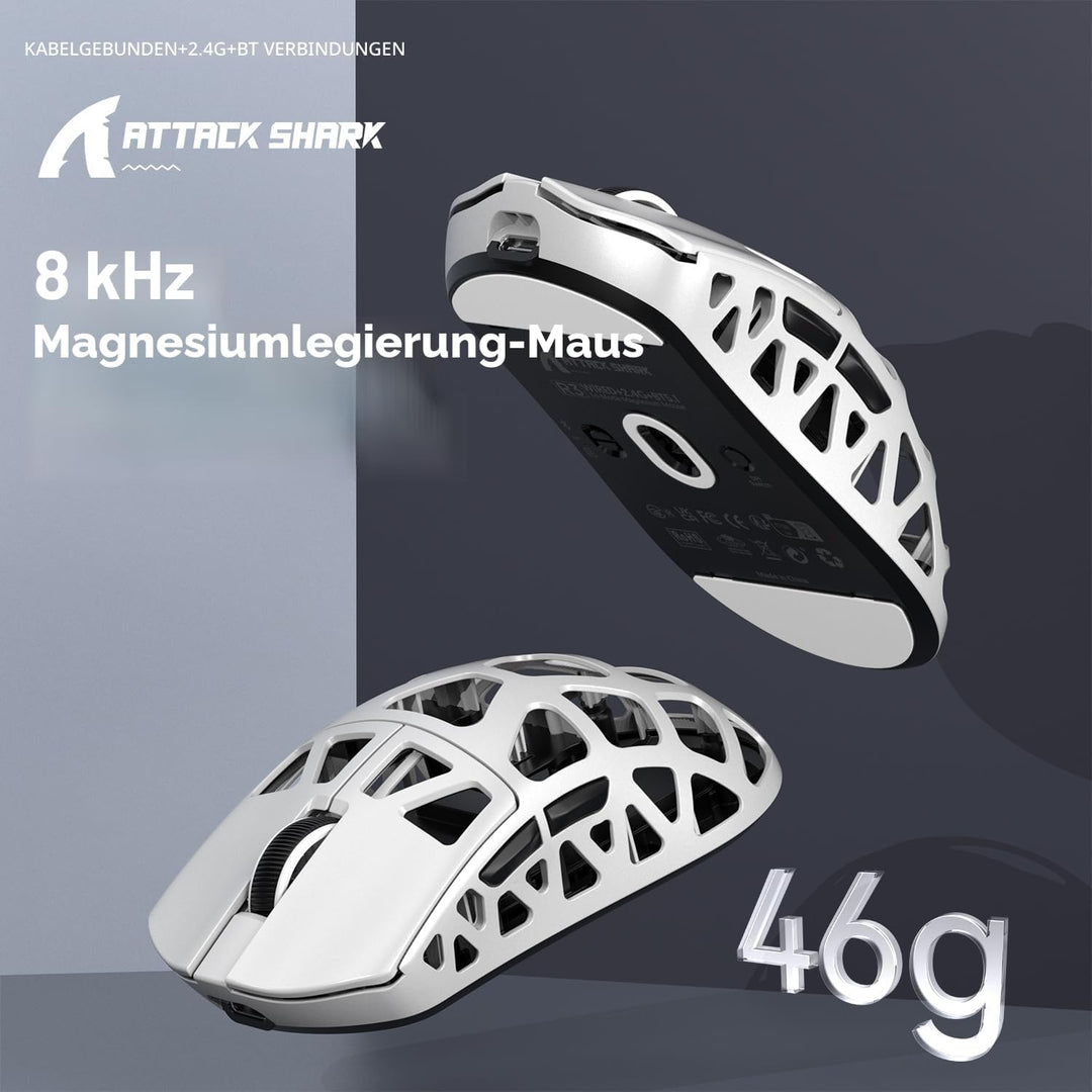 ATTACK SHARK R3 Magnesiumlegierungsmaus, kabellose 8K-Maus, 46 g SUPERLIGHT-Maus, PixArt PAW3395-Gam