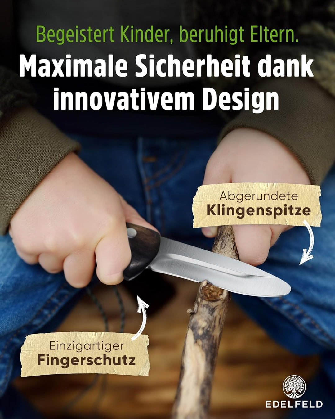 EDELFELD - Das Original - Schnitzmesser Kinder ab 6 Jahre - Sicheres Taschenmesser Kinder mit Finger