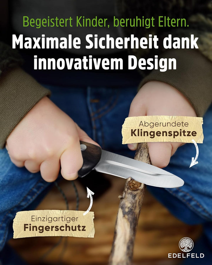 EDELFELD - Das Original - Schnitzmesser Kinder ab 6 Jahre - Sicheres Taschenmesser Kinder mit Finger