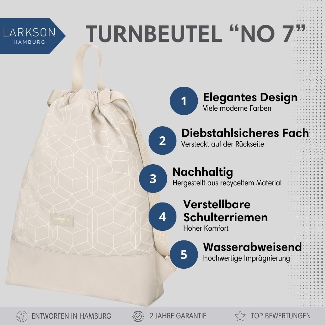 LARKSON Turnbeutel Damen &amp; Herren Beige Gemustert - No 7 - Rucksack Damen für Sport und Festival - B