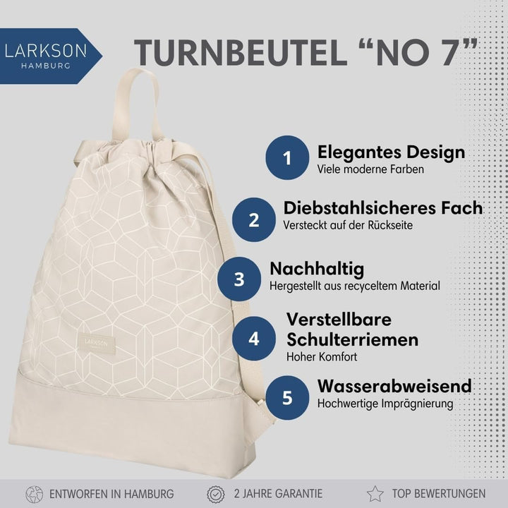 LARKSON Turnbeutel Damen &amp; Herren Beige Gemustert - No 7 - Rucksack Damen für Sport und Festival - B