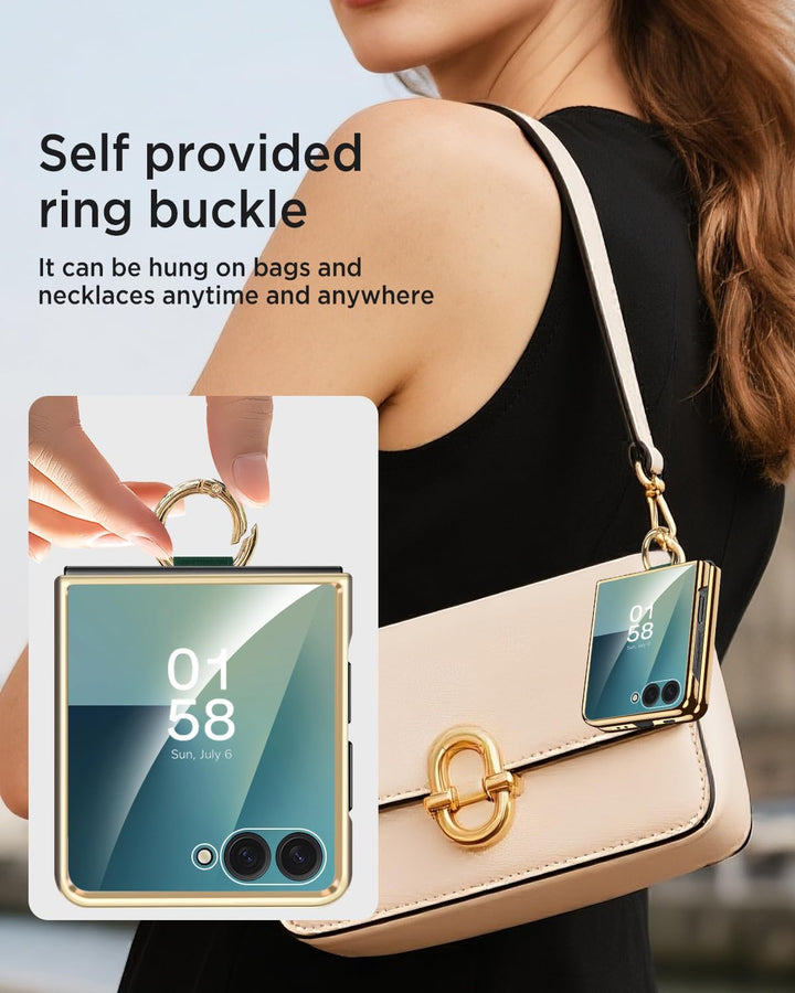 Miimall Lederhülle Kompatibel mit Samsung Galaxy Z Flip 7 Hülle mit Ring Ständer & Kameraschutz [Lux