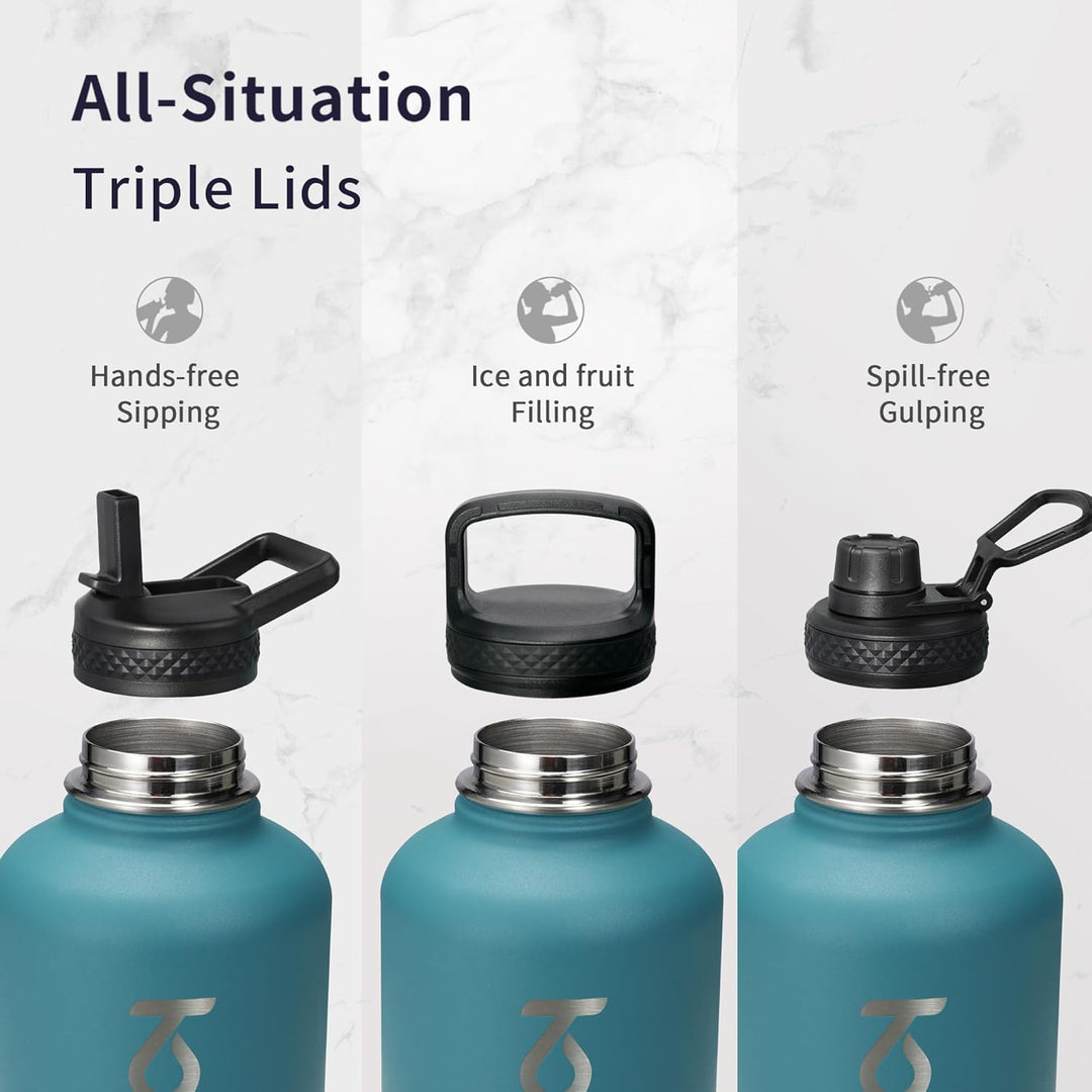 Trebo Isolierte Wasserflasche, 1,8 l, Metall-Vakuum-Wasserkrug mit Griff und 3 Deckeln, auslaufsiche