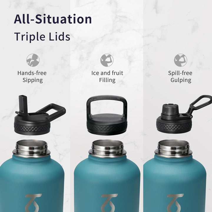 Trebo Isolierte Wasserflasche, 1,8 l, Metall-Vakuum-Wasserkrug mit Griff und 3 Deckeln, auslaufsiche
