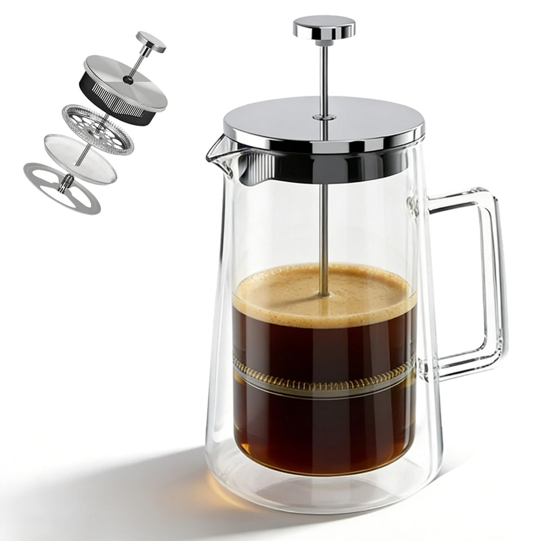 Kaffeepresse French Press 1 Liter, Töpfe Edelstahl & Glas mit Doppelwand Isolierung, Hitzebeständig