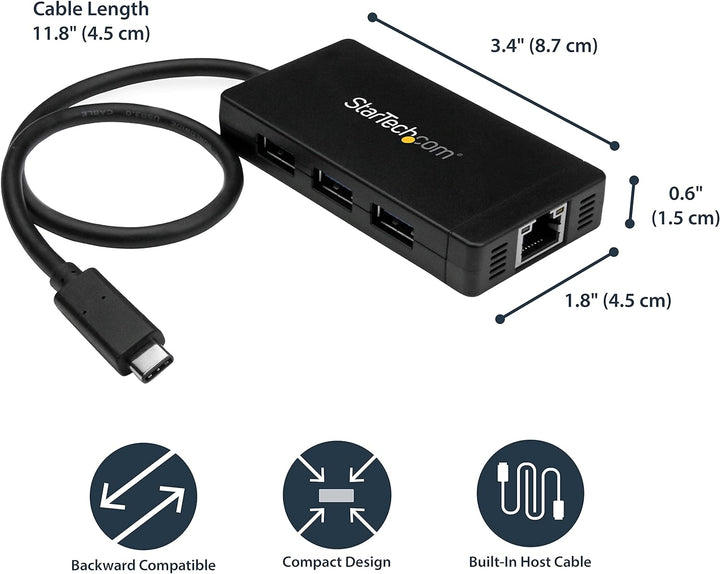 StarTech.com 3 Port USB 3.0 Hub mit USB-C und Gigabit Ethernet - inklusive Netzteil - USB C Hub - US