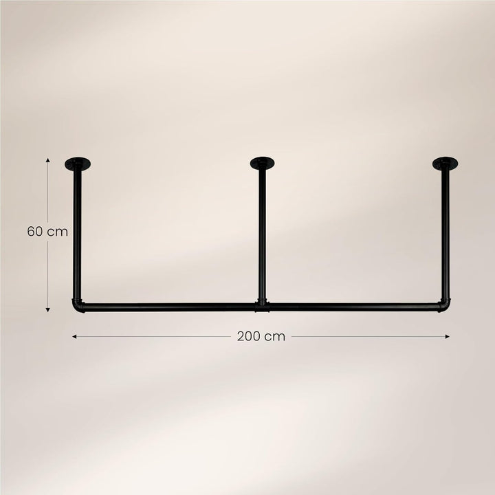 Kleiderstange Industrial Schwarz für Decke Deckenmontage Breite 200 cm x Höhe 60 cm Garderobe Flur D