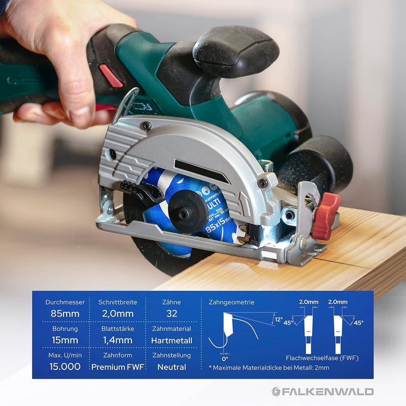 FALKENWALD ® Sägeblatt 85x15 mm ideal für Holz, Metall & Alu - Sägeblatt 85mm kompatibel mit Tauchsä