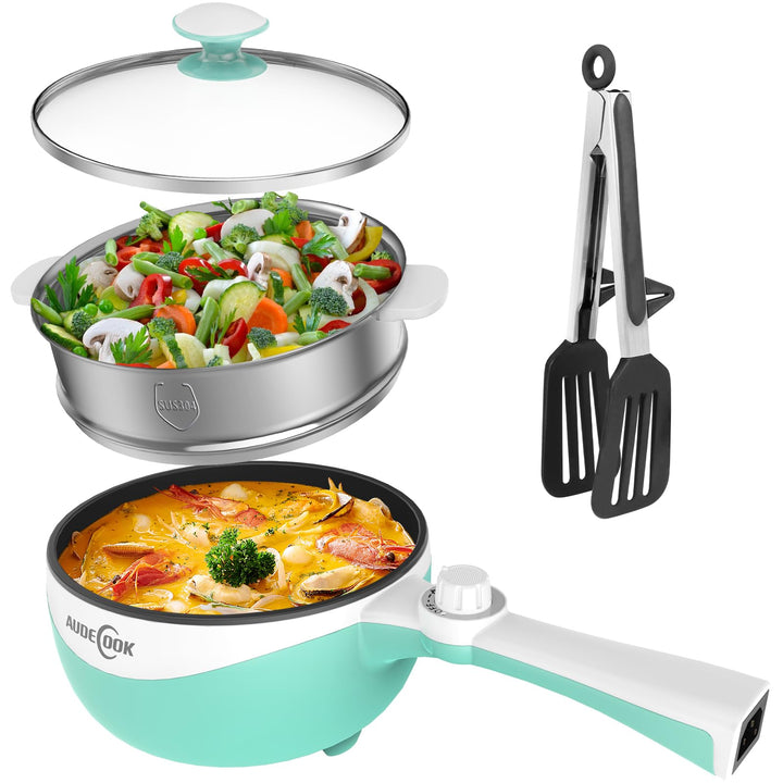 Audecook Elektrischer Topf mit Dampfgarer, 1.7L Mini Elektrische Bratpfanne für Wohnheim Antihaftbes