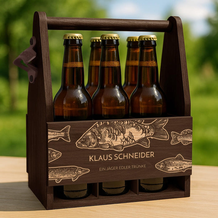 Murrano Bierträger für 6 Flaschen 0,5L mit Gravur - Männerhandtasche mit Flaschenöffner - Grösse: 25