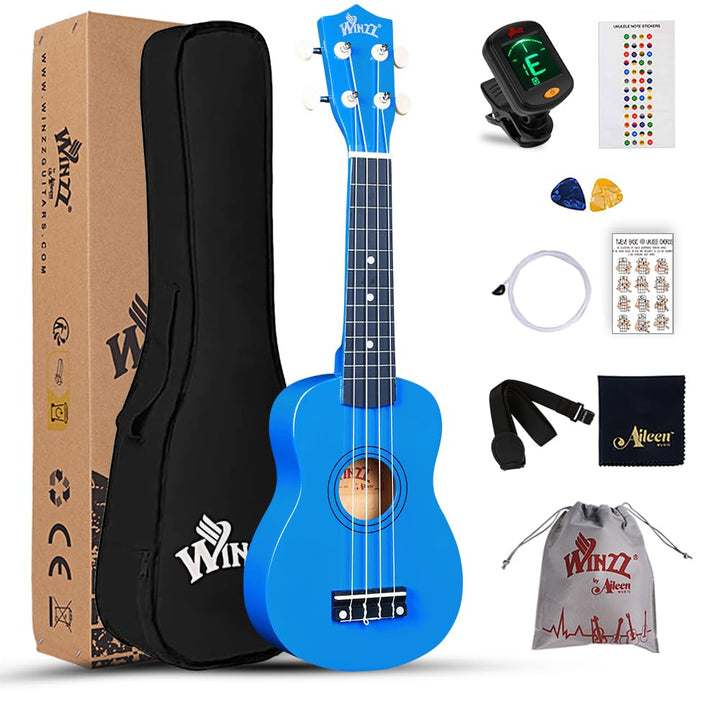Winzz Sopran Ukulele Starter Kit für Anfänger mit Tasche, Clip-On Tuner, Zusätzlichen Saiten, Gurt,