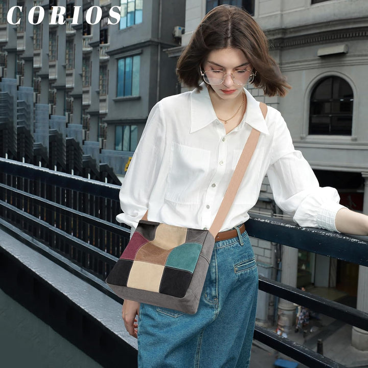 CORIOS Damen Canvas Schultertasche Mehrfarbig Spleiss Umhängetasche Grosse Tragetasche Henkeltaschen
