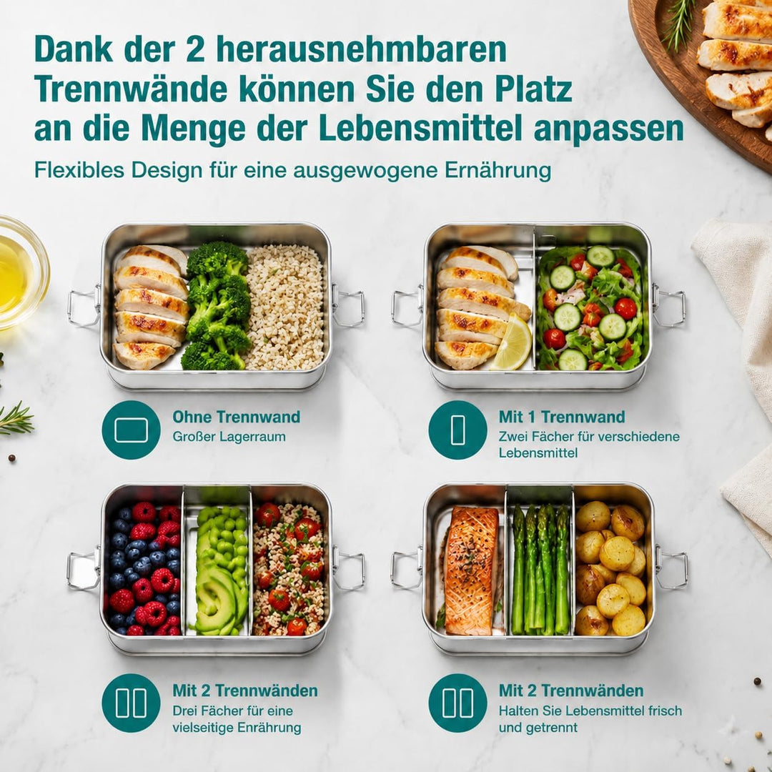 TEAMFAR Brotdose, Edelstahl Bento Lunch Box mit Fächern &amp; Tasche 1400ml | 2 Herausnehmbare Trennwänd