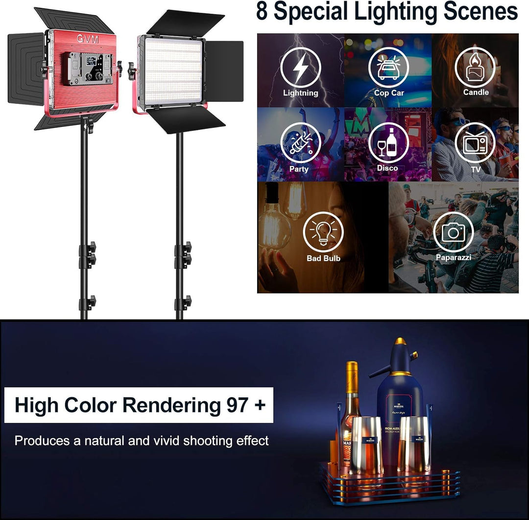 GVM 1200D RGB Videoleuchte Panel mit Lichtstativ, 2er Pack 50W LED Studiolicht Fotografie Licht mit
