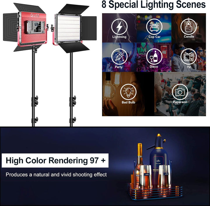 GVM 1200D RGB Videoleuchte Panel mit Lichtstativ, 2er Pack 50W LED Studiolicht Fotografie Licht mit
