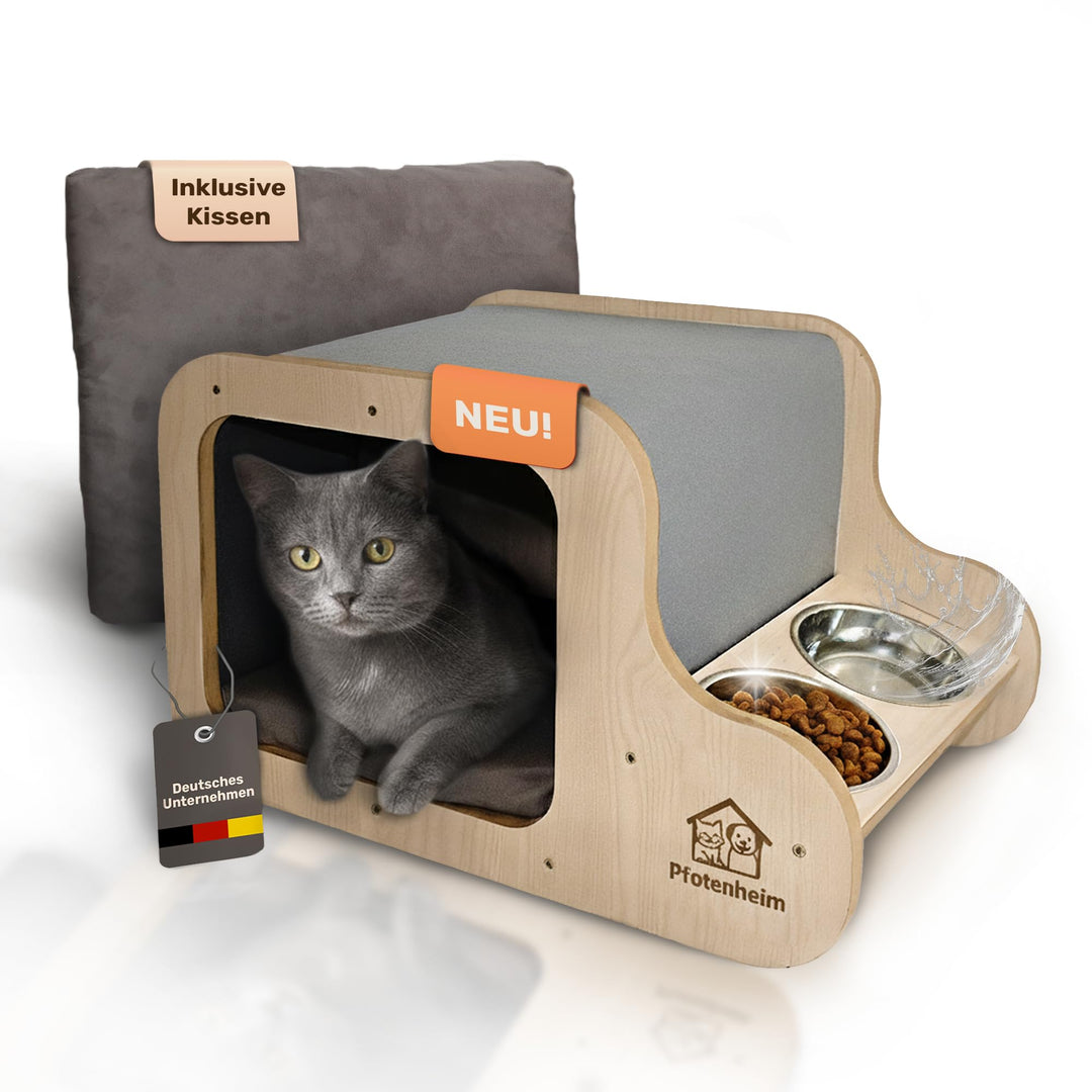 Katzenhaus mit Katzenbett, Katzenhöhle & Katzennapf | Katzenkorb, 3-in-1 Kratzmatte mit Katzen-Napfs