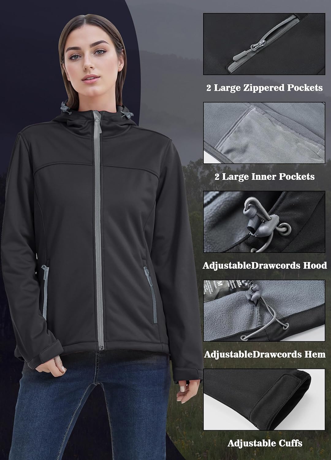 ATLASLAVA Damen Softshelljacke Wasserdichte Atmungsaktive Leichte Fleece Kapuze Übergangsjacke Laufe