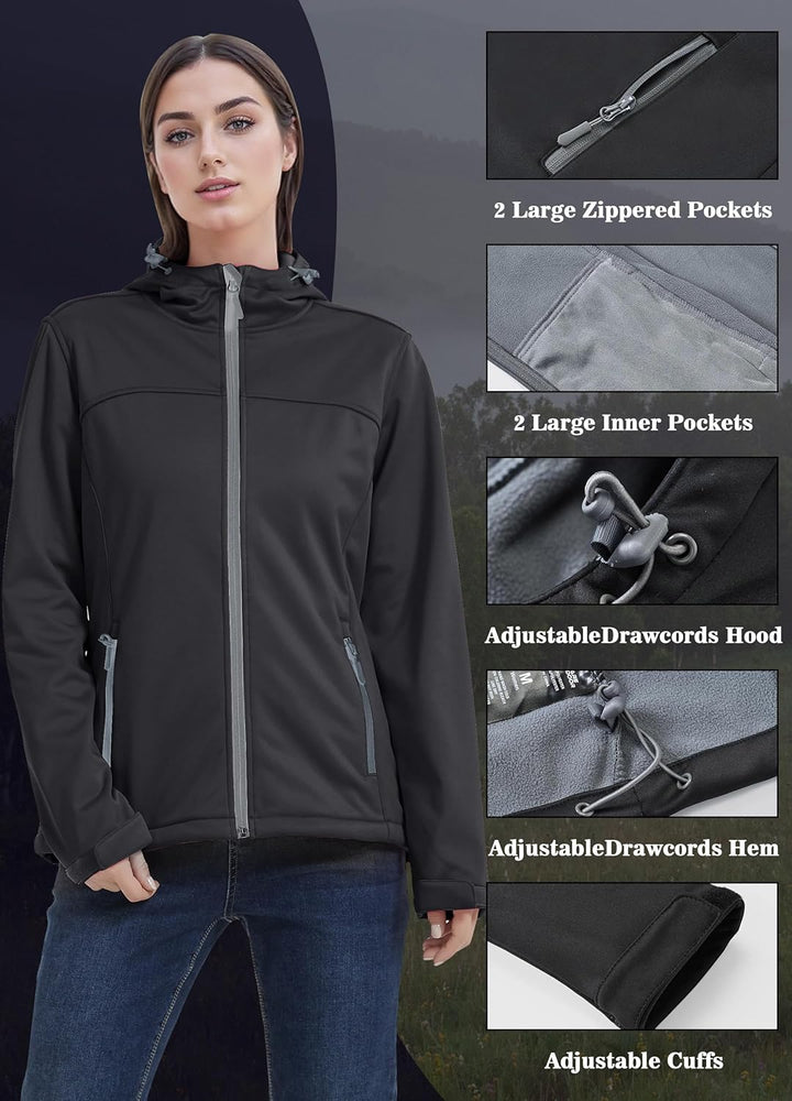 ATLASLAVA Damen Softshelljacke Wasserdichte Atmungsaktive Leichte Fleece Kapuze Übergangsjacke Laufe