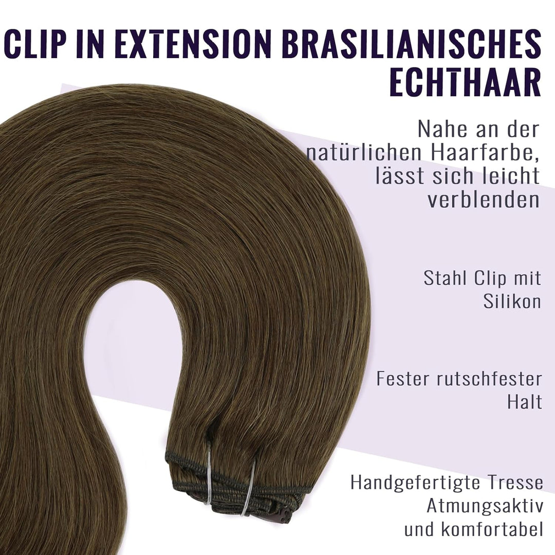 Fshine Clip in Extensions Echthaar 35cm 7 Pcs 120 Gramm Braun Doppelt Tressen Echthaar Haarteil 100%