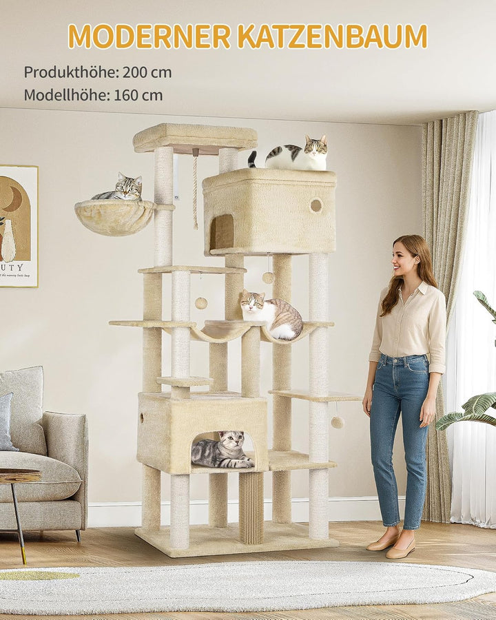 Hzuaneri Kratzbaum, 200cm XXL Kratzbaum mit 10 Kratzsäulen, 2 Höhlen, 2 Hängematten, grosse Plattfor