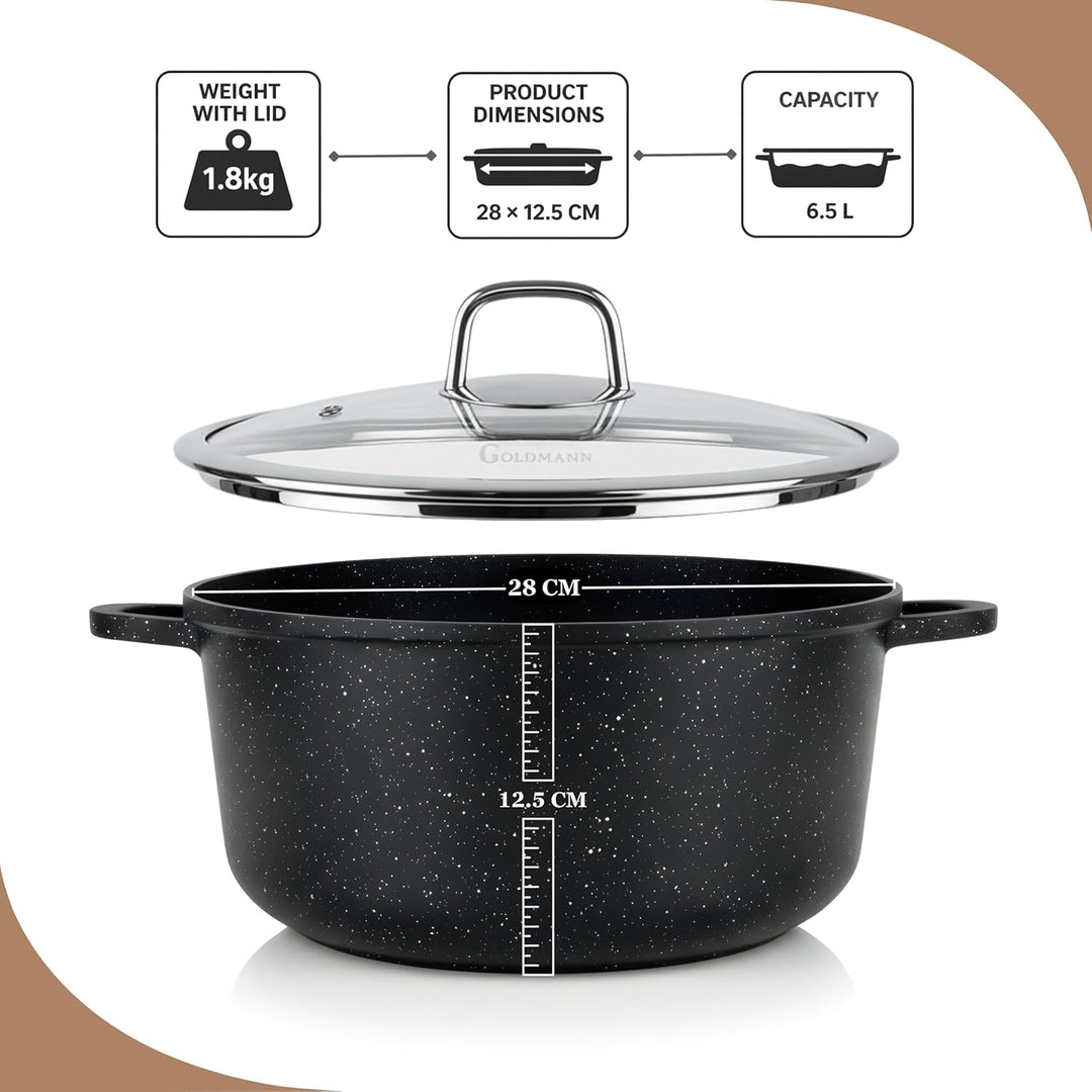 GOLDMANN Premium Gussaluminium Kochtopf 28 CM – 6.5L – Keramik-Marmor-Antihaft-Kasserolle mit Glasde