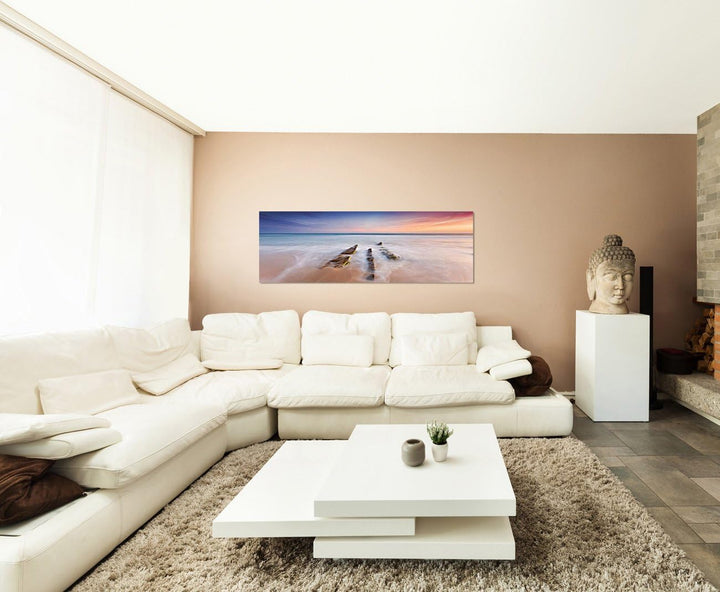 Paul Sinus Art Panoramabild auf Leinwand und Keilrahmen 120x40cm Strand Ozean Steine Horizont Abendr