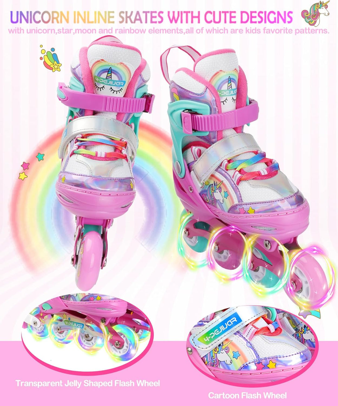 Einhorn Inliner für Mädchen Kinder Grössen Verstellbar Mit Allen Leuchtenden Rädern Regenbogen Inlin