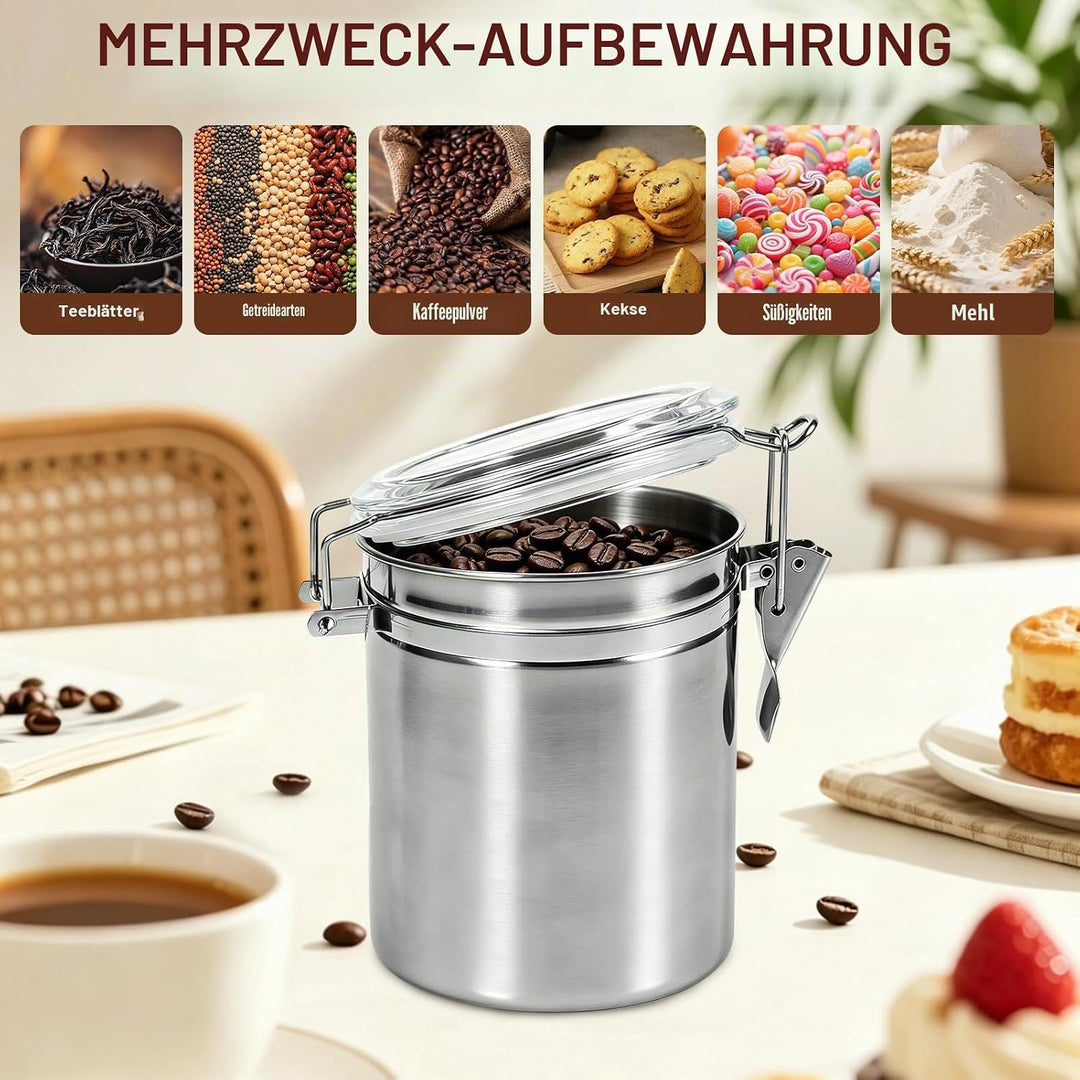 Hapivida Luftdichte Vakuum Kaffeedose, 1000ml Edelstahl Kaffeepulver Dose mit Aroma-Deckel und Versc